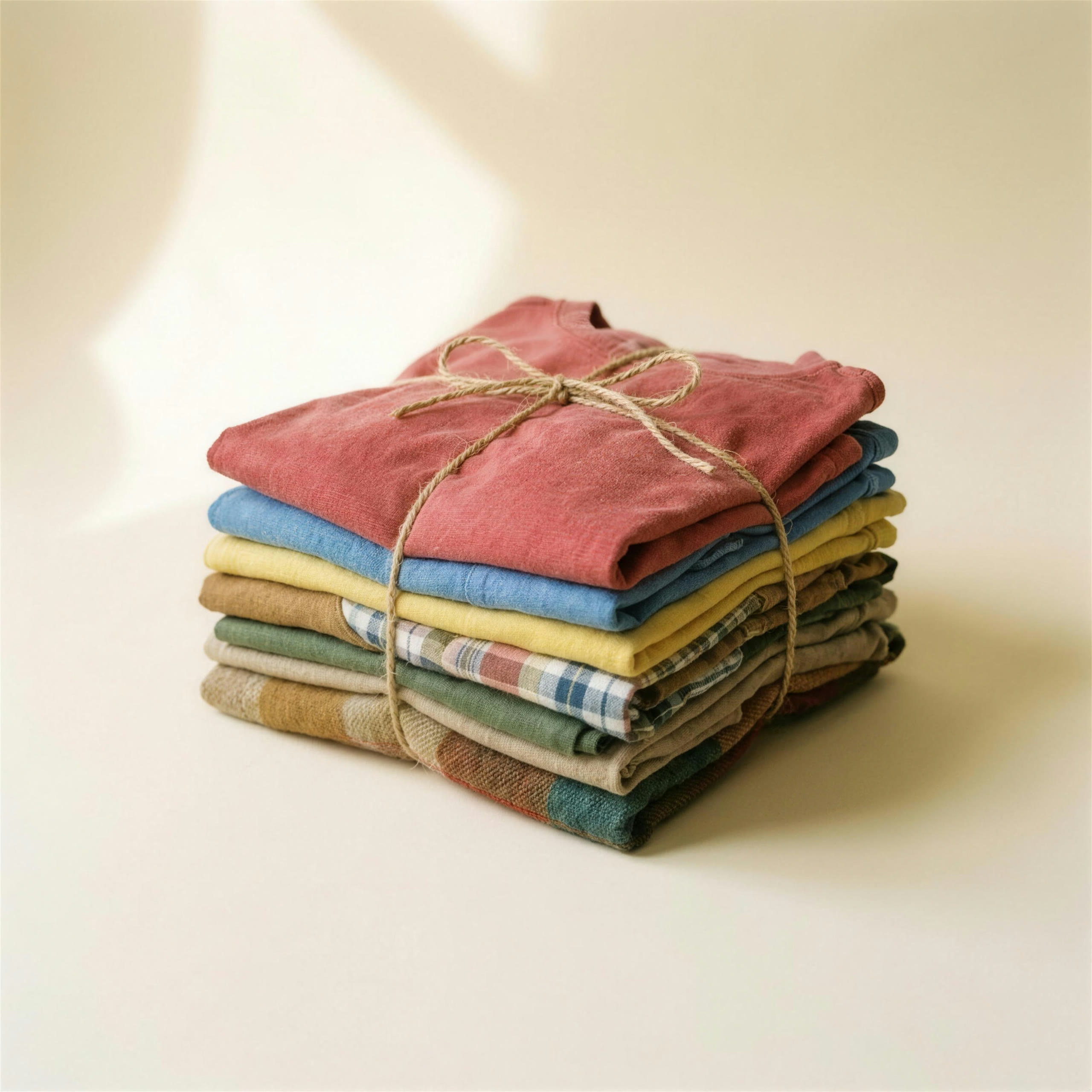 A bundle of sorted, folded clothing ready to be packed for shipping.