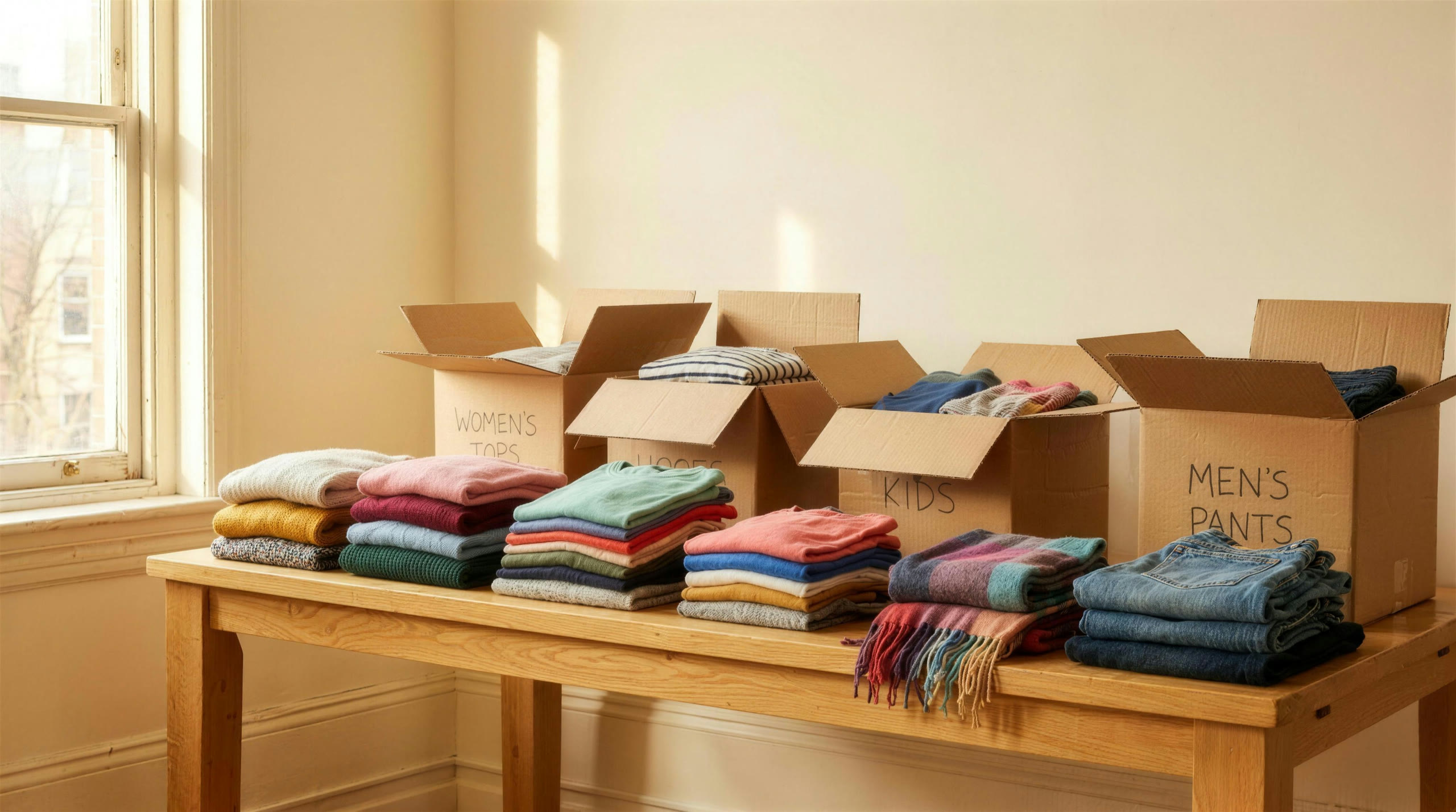 Sorting table with labeled boxes where donated clothing is checked and packed by hand.